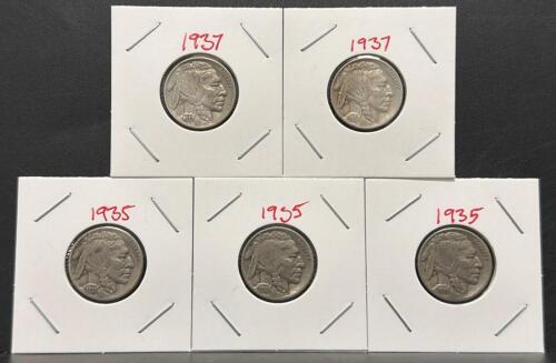 1935 & 1937 Buffalo Nickel &ndash; 5 US Coins, 75% Copper 25% Nickel, Fraser Design, Visible Dates