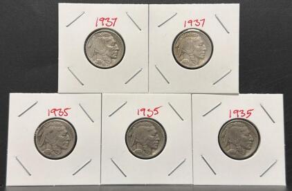 1935 & 1937 Buffalo Nickel &ndash; 5 US Coins, 75% Copper 25% Nickel, Fraser Design, Visible Dates