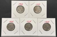 1935 & 1937 Buffalo Nickel &ndash; 5 US Coins, 75% Copper 25% Nickel, Fraser Design, Visible Dates
