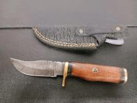 Damascus Fixed Blade Knife 4.5" Blade, Wood Handle, Brass Guard, Custom Sheath, Mosaic Pin