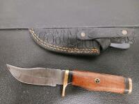 Damascus Fixed Blade Knife 4.5" Blade, Wood Handle, Brass Guard, Custom Sheath, Mosaic Pin - 2