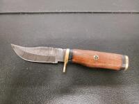 Damascus Fixed Blade Knife 4.5" Blade, Wood Handle, Brass Guard, Custom Sheath, Mosaic Pin - 3