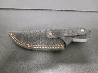 Damascus Fixed Blade Knife 4.5" Blade, Wood Handle, Brass Guard, Custom Sheath, Mosaic Pin - 4