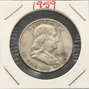 1959-D Franklin Half Dollar, 90% Silver, Denver Mint, Circulated