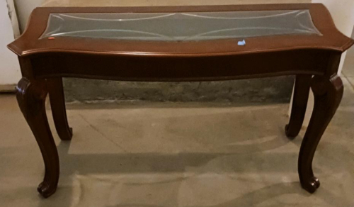 Traditional Wood And Glass Coffee Table With Carved Legs And Beveled Glass Top