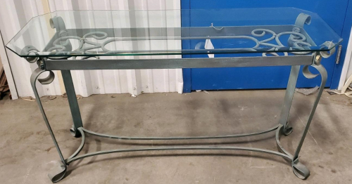 Glass And Metal Console Table, 48" Rectangular Top, Ornate Scrollwork Base Sp-10