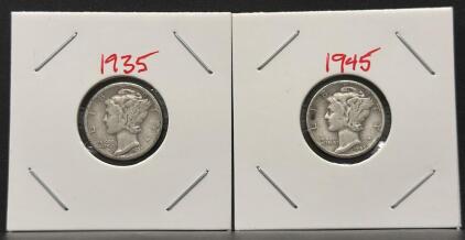 1935-S & 1945 Mercury Dimes, 90% Silver, U.S. Winged Liberty Head, Circulated, 2 Coin Set