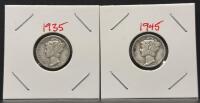 1935-S & 1945 Mercury Dimes, 90% Silver, U.S. Winged Liberty Head, Circulated, 2 Coin Set