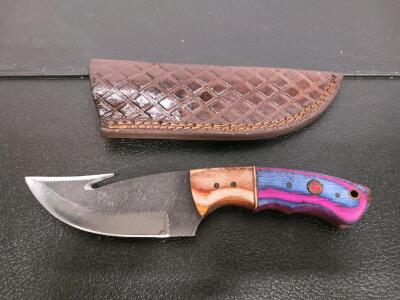 Fixed-Blade Gut Hook Hunting Knife With Custom Multicolor Wood Handle And Leather Sheath