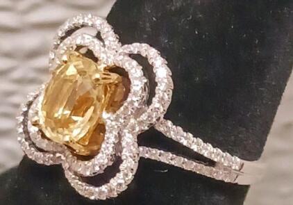 18KT White Gold GIA Certified Unheated 1.41Ct Yellow Sapphire Diamond Floral Ring, AIG/GIA Docs