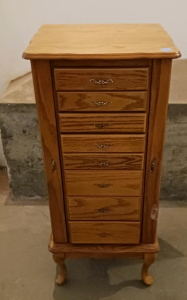 Oak Jewelry Armoire Cabinet, 7 Drawers, Cabriole Legs, Side Necklace Doors, Classic Design