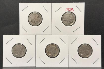 5 Buffalo Nickels (1913&ndash;1938), Indian Head Five Cent Coins, 1 Dated 1928
