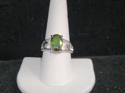 Green Emerald Faceted Oval Cut Ring, Size 9