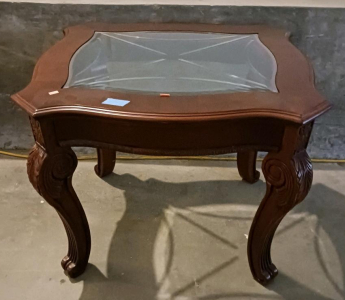 Traditional Square Wooden End Table With Glass Inlay And Carved Legs