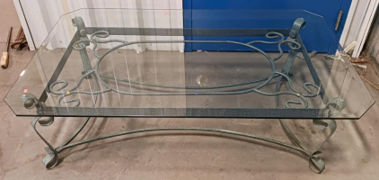 Rectangular Glass-Top Coffee Table With Wrought Iron Style Metal Frame, Approx. 48" x 28" x 18"