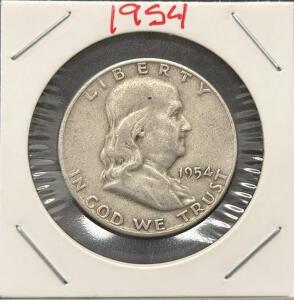 1954-D Franklin Half Dollar, 90% Silver, Denver Mint, In 2x2 Holder, Circulated