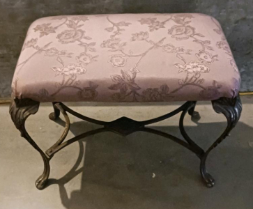 Ornate Upholstered Metal Vanity Stool With Floral Seat And Decorative Legs