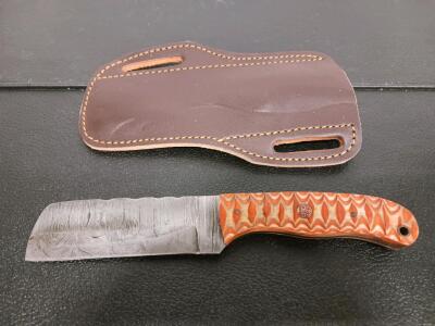 Custom Fixed-Blade Utility Knife, Patterned Handle, 4" Blade, Leather Sheath, Mosaic Pin