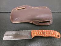 Custom Fixed-Blade Utility Knife, Patterned Handle, 4" Blade, Leather Sheath, Mosaic Pin - 2