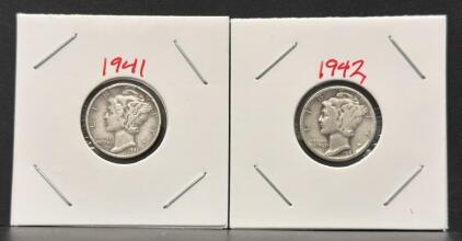1941-D And 1942-D Mercury Dimes &ndash; 90% Silver, Circulated Condition