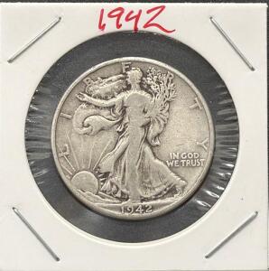 1942 Walking Liberty Half Dollar, 90% Silver, Philadelphia, In 2x2 Holder