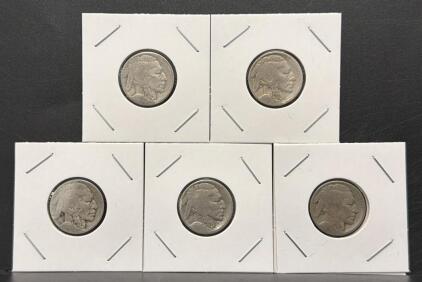 5 Indian Head Nickels 1913&ndash;1938, Dateless, US 5c, Circulated, Copper-Nickel