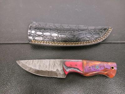 Custom Fixed-Blade Knife &ndash; Damascus Style Etched Blade, Resin/Wood Handle, Leather Sheath, 8.5" OAL