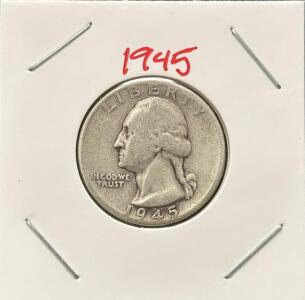 1945 Washington Silver Quarter, No Mint Mark, 90% Silver, Circulated Condition