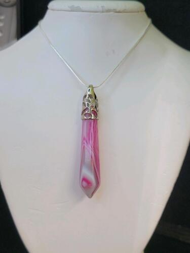 Pink Stripe Agate Gemstone Hexagonal Spire Cut 24" Necklace