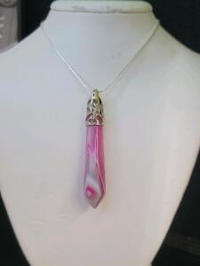 Pink Stripe Agate Gemstone Hexagonal Spire Cut 24" Necklace
