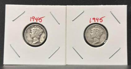 1945 & 1945-S Mercury Dimes, 90% Silver, Circulated, San Francisco And Philadelphia Mint