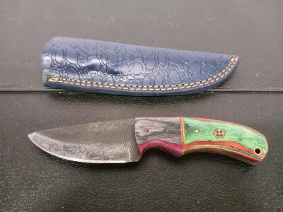 Fixed-Blade Knife With Custom Dyed Wood Handle & Blue Embossed Leather Sheath, 4" Blade