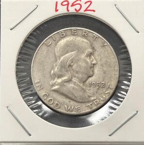 1952-S Franklin Silver Half Dollar, 90% Silver, Circulated, San Francisco Mint