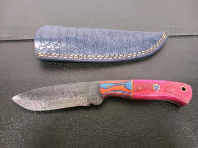 Custom Fixed-Blade Knife, 4.25" Blade, Mosaic Pin Handle, Decor Blue Leather Sheath