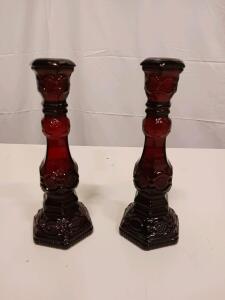 Avon 1876 Cape Cod Collection Ruby Red Glass Candlestick Holders (Pair)