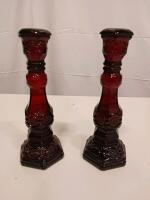 Avon 1876 Cape Cod Collection Ruby Red Glass Candlestick Holders (Pair) - 2