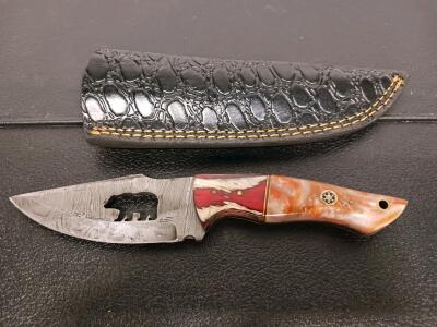 Custom Damascus Fixed-Blade Knife, Resin Handle, Bear Cutout, Drop Point, Leather "Croc" Sheath
