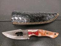 Custom Damascus Fixed-Blade Knife, Resin Handle, Bear Cutout, Drop Point, Leather "Croc" Sheath - 2