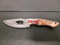 Custom Damascus Fixed-Blade Knife, Resin Handle, Bear Cutout, Drop Point, Leather "Croc" Sheath - 3