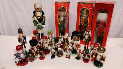Large Lot of 25 Wooden Nutcracker Figurines, Mixed Sizes & Designs, Includes 3 Boxed "Deluxe" Models