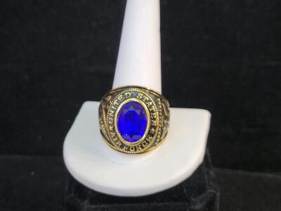 United States Air Force Gold-Tone Military Ring Blue Oval Stone Eagle Jet Design In Box