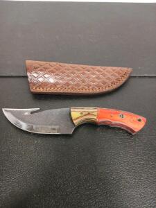 Fixed Blade Skinning Hunting Knife With Gut Hook, Composite Handle, 4" Blade, Leather Sheath