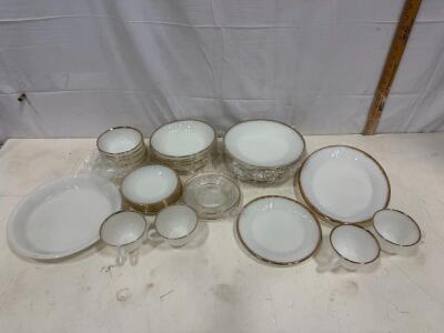 Fire-King Swirl Milk Glass Dinnerware Set With Gold Trim, 21+ Pieces, 1949&ndash;1960 Sp-12