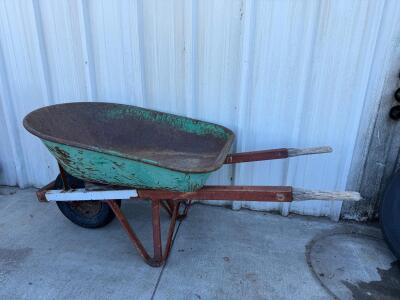 Steel Single-Wheel Wheelbarrow With 6 Cu Ft Capacity, Pneumatic Tire, And Wooden Handles