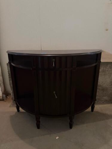 Dark Brown Wooden Demilune Console Table With Drawer, Cabinet, And Shelf, 41"x16"x31" (F-3)