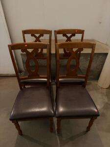 Set Of 4 Wooden Double-X Back Dining Chairs, Padded Dark Brown Seats, Ornate Turned Legs (F-3)