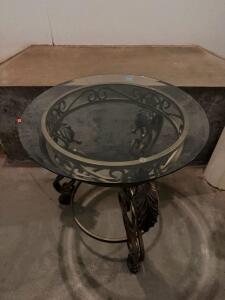 Round Glass Top Accent Table, Ornate Bronze Metal Base, Scroll & Leaf Detailing, 30" Diameter (F-3)
