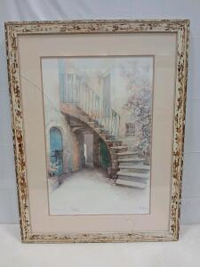 Vecchio Cortile Print By M. Marten, Rustic Distressed Frame, 32x26In, Cracked Glass