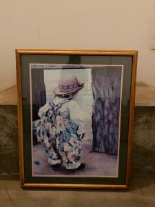 Susan Rios Framed Art Print, Girl at Beach, Oak Frame, 30x24 In, Floral Overalls, Wire Mounted (F-3)
