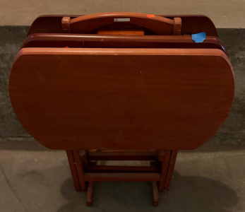 3-Piece Wooden Folding TV Tray Table Set With Stand, Medium Brown, Made In Thailand, Rounded Shape